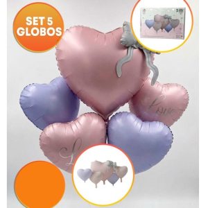 SET 5 GLOBOS CORAZON MOÑO LOVE PASTEL