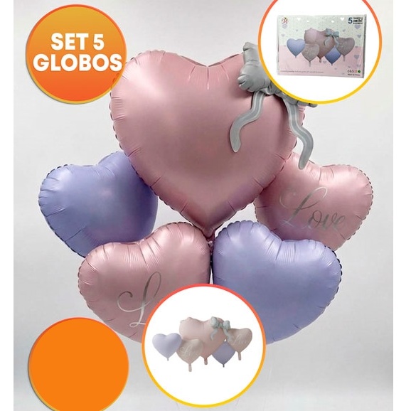 SET 5 GLOBOS CORAZON MOÑO LOVE PASTEL
