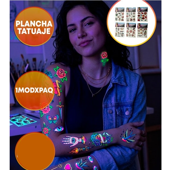 TATUAJE TEMPORAL FLUROESCENTE X1 PLANCHA