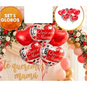 SET 5 GLOBOS TE QUIERO MAMA CORAZONES ROJOS