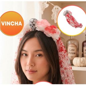 VINCHA HALLOWEEN FLORES CALAVERA Y VELO CON SANGRE
