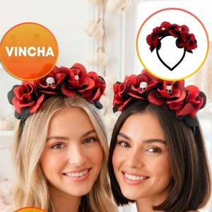 VINCHA HALLOWEEN ROJA Y NEGRA CON CALAVERAS MINI
