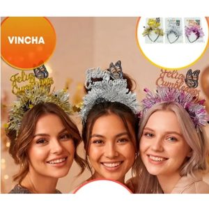 VINCHA FELIZ CUMPLEAÑOS CON MARIPOSA Y FLECOS