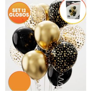 SET 12 GLOBOS DORADO NEGRO