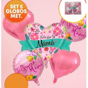 SET 5 GLOBOS FELIZ DIA MAMA CORAZON ROSA