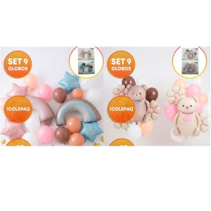 SET 9 GLOBOS OSO CON FLORES / ARCOIRIS ESTRELLAS
