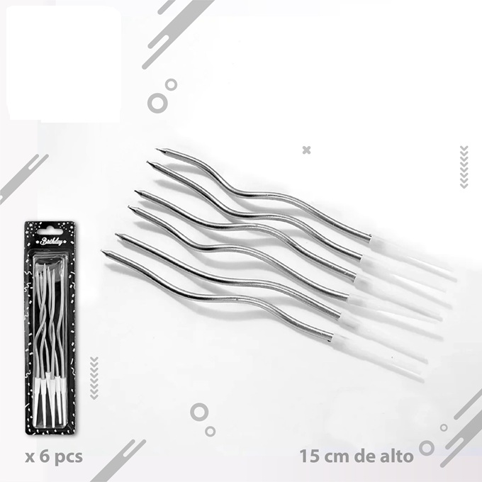 VELAS CURVAS X6 METALIZADAS PLATA