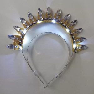 VINCHA DOBLE METAL LED CON GEMAS DORADA