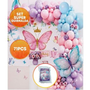 SET DE GLOBOS GRANDE MARIPOSA CELESTE LILA ROSA