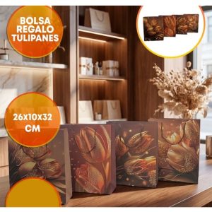 BOLSA DE REGALO 26X32 TULIPANES DETALLES ORO