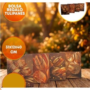 BOLSA DE REGALO 31X40 TULIPANES DETALLES ORO