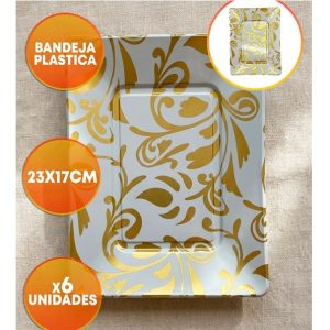 BANDEJA PLASTICA 23X17 CM X6 BLANCA FLORES DORADAS