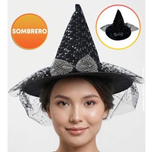 GORRO BRUJA LENTEJUELAS MOÑO Y TUL