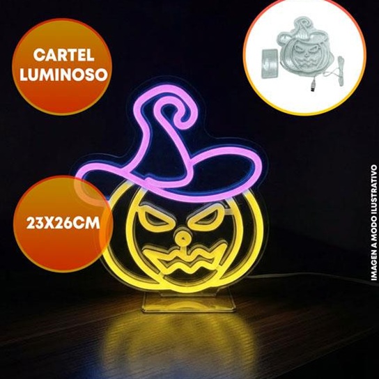 CARTEL LED HALLOWEEN CALABAZA CON SOMBRERO 23X26CM
