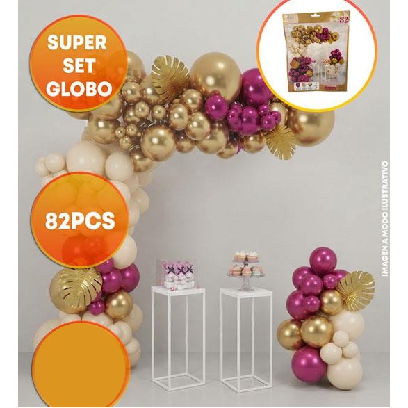 SET DE GLOBOS GRANDE CHROME ORO FUCSIA Y BLANCO