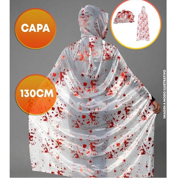 CAPA HALLOWEEN TAFETA 130CM CON CAPUCHA SANGRE