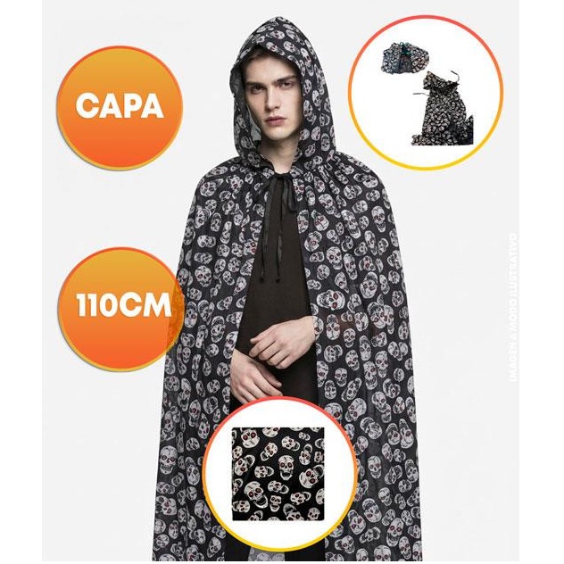 CAPA HALLOWEEN TAFETA 110CM CON CAPUCHA CALAVERAS