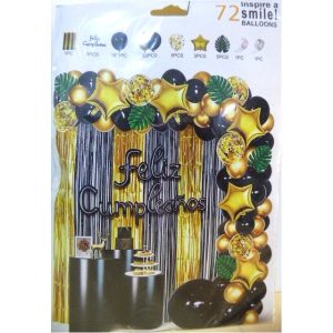 SET FELIZ CUMPLE CORTINA GLOBOS HOJAS ORO NEGRO