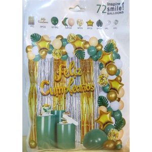 SET FELIZ CUMPLE CORTINA GLOBOS HOJAS ORO PLAT VER