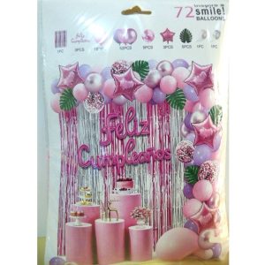 SET FELIZ CUMPLE CORTINA GLOBOS HOJAS ROSA LILA