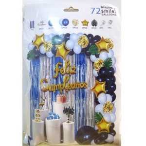 SET FELIZ CUMPLE CORTINA GLOBOS HOJAS CELESTE PLAT
